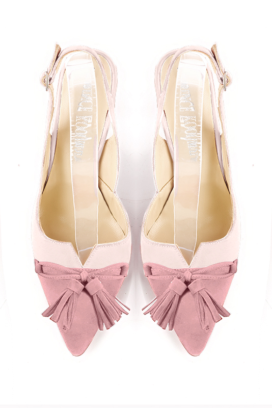 Carnation pink women's open back shoes, with a knot. Tapered toe. Medium slim heel. Top view - Florence KOOIJMAN